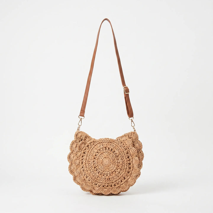 Casual women's woven crossbody bag in a beige/khaki shade. Features a textured, vintage-style design for everyday versatility.