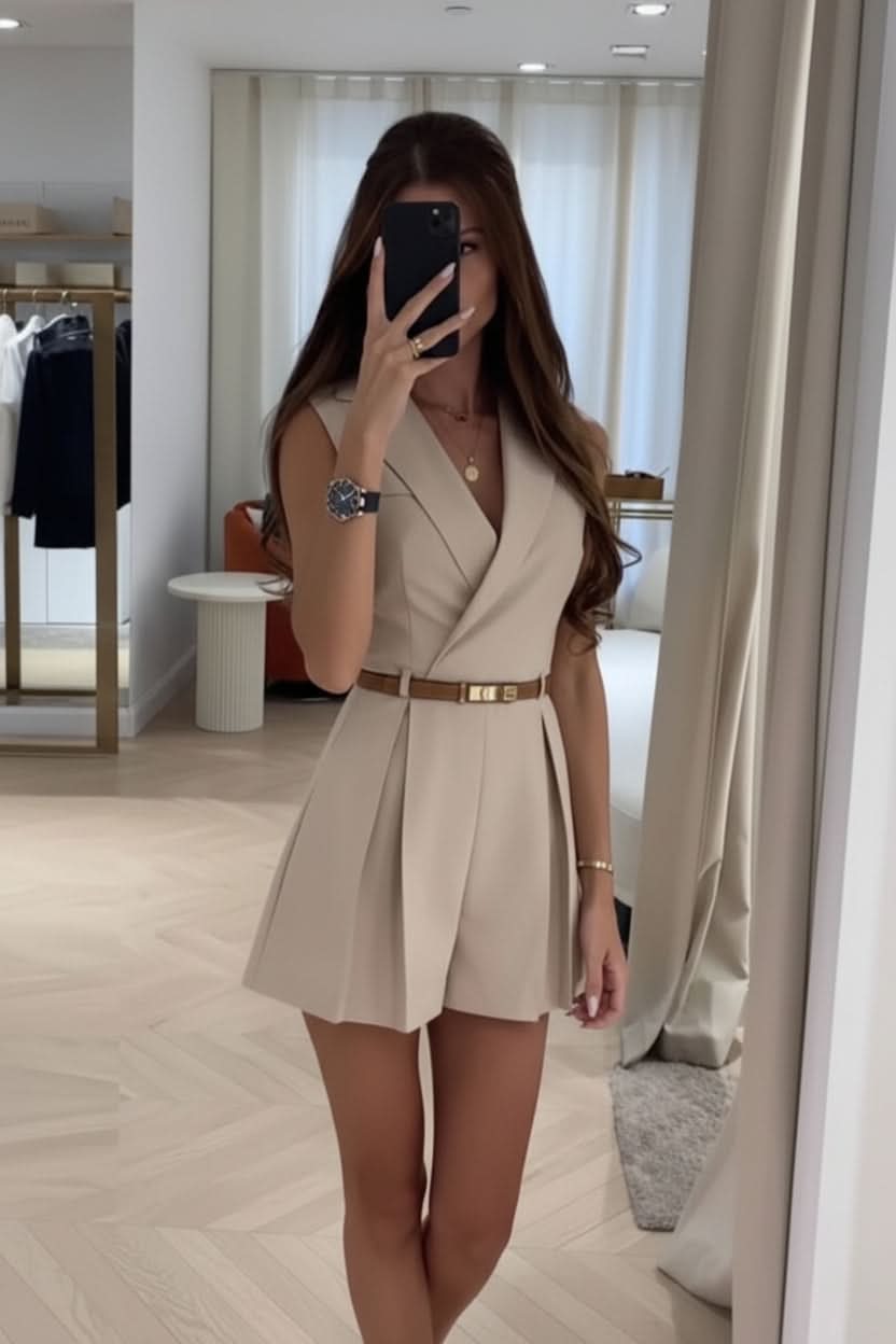 Chic women's sleeveless romper in apricot. Features a stylish belt for a flattering summer casual look.