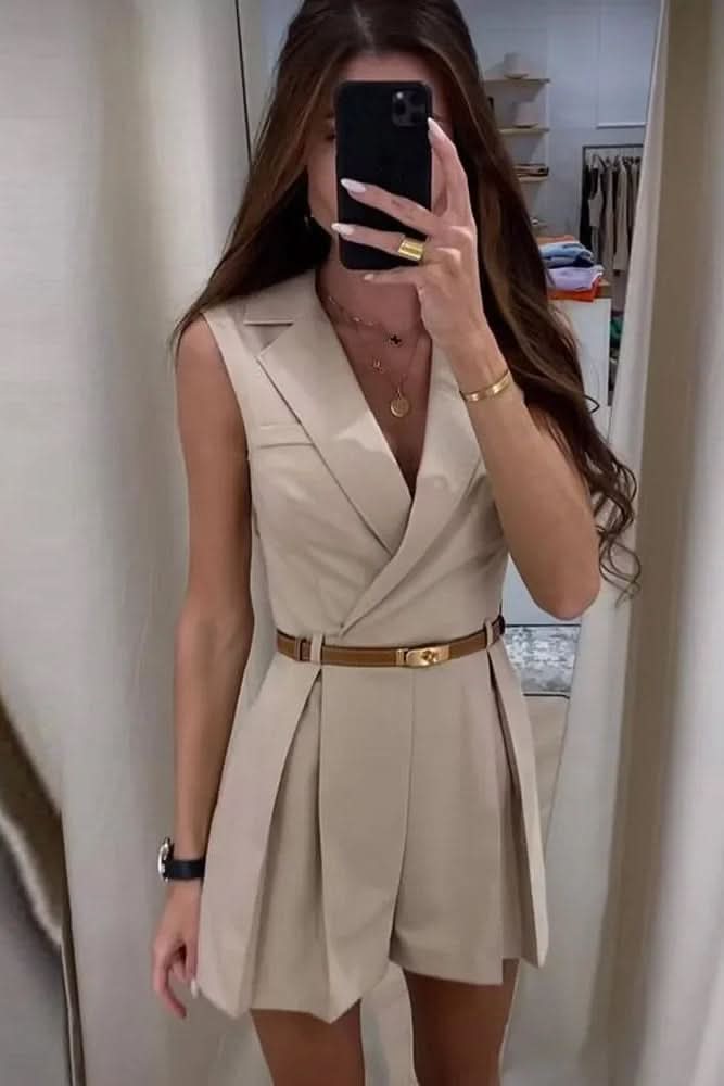 Women's sleeveless belted romper in apricot or black. Chic and casual summer one-piece outfit for women.