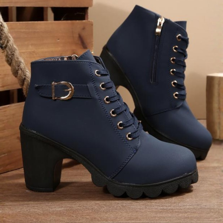 Durable women's lace-up chunky heeled ankle boots for walking. Comfortable & stylish winter/autumn fashion footwear.