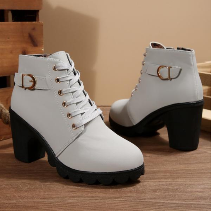 Women's elegant black lace-up chunky heeled ankle boots. Versatile & comfortable, great for autumn & winter fashion.