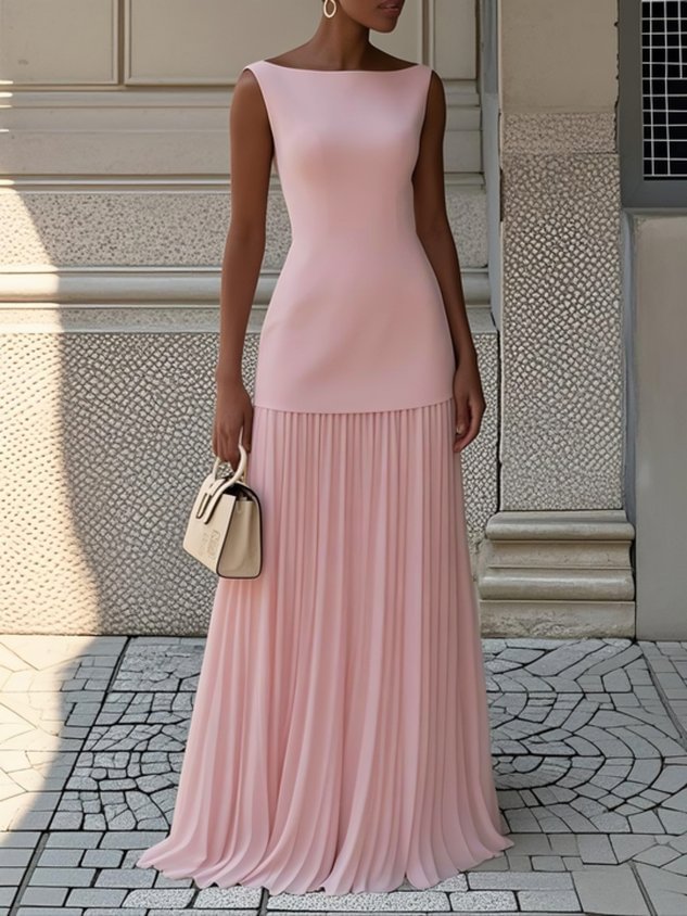 Elegant women's sleeveless boat-neck maxi dress, perfect as a wedding guest or formal evening gown.