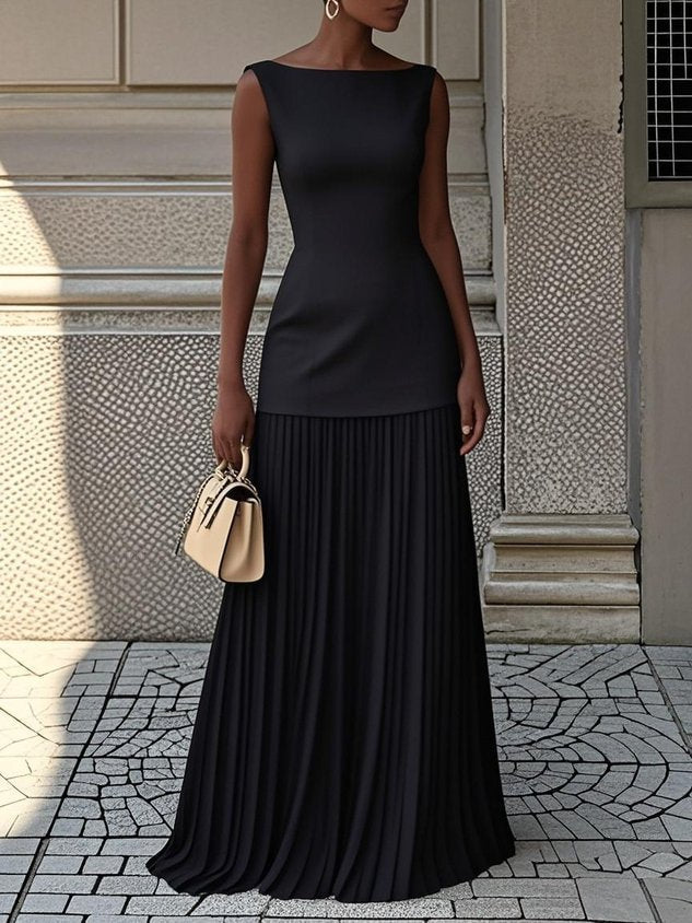Chic women's formal boat neck maxi dress featuring a beautiful pleated skirt and timeless style.