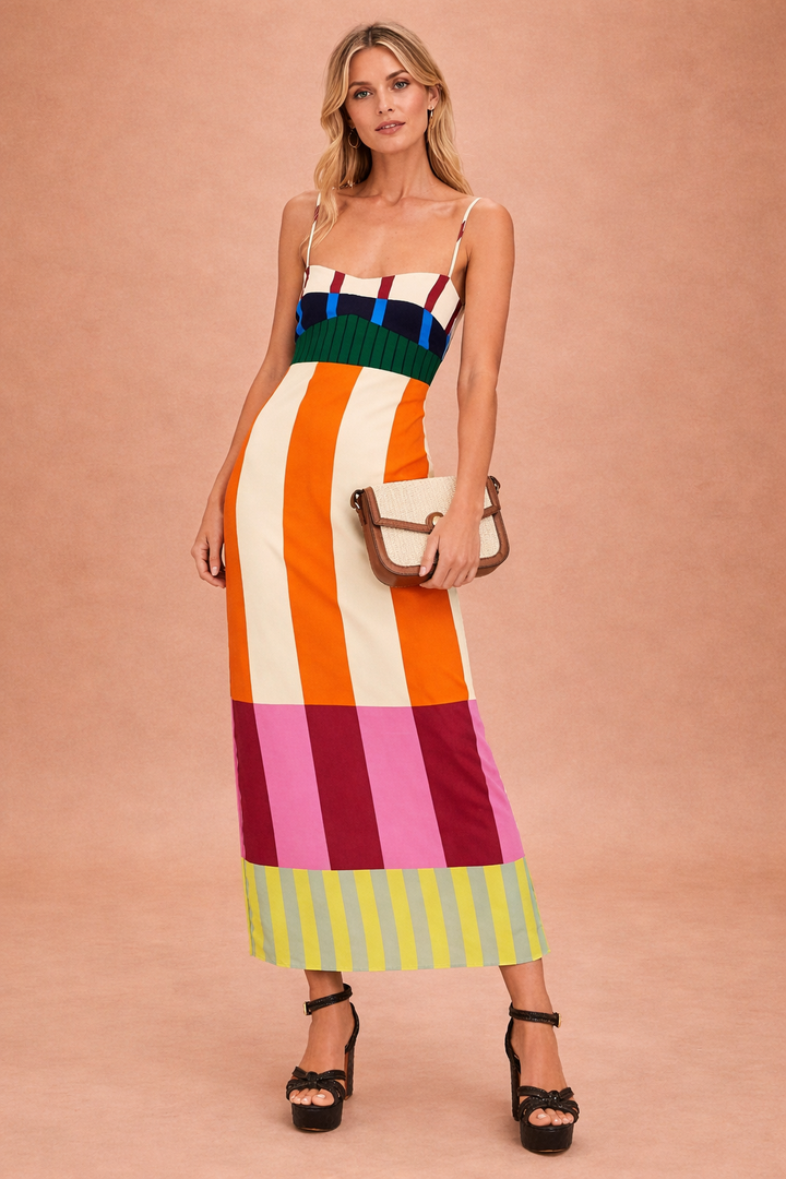 Women's chic bold stripe bodycon midi dress. Sleeveless statement summer style with spaghetti straps.