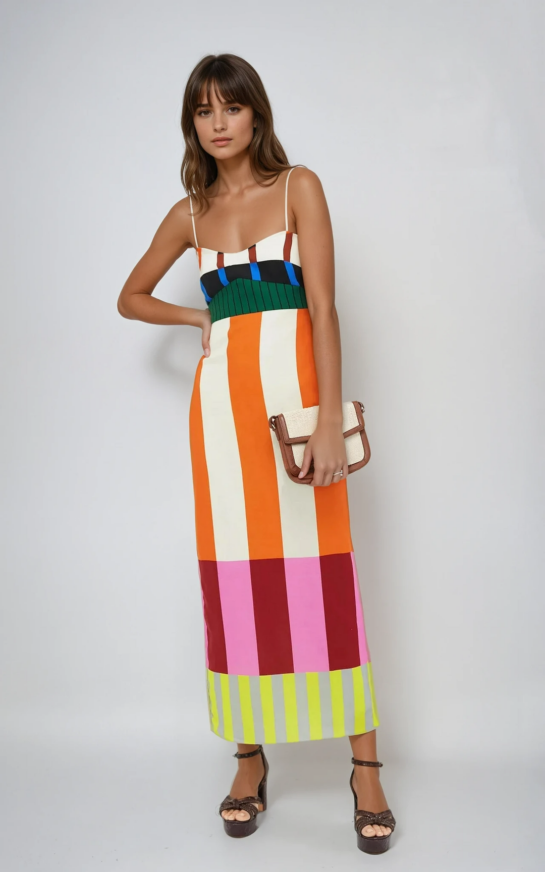 Elegant women's colourblock stripe bodycon midi dress. Perfect sleeveless statement piece for evening wear.