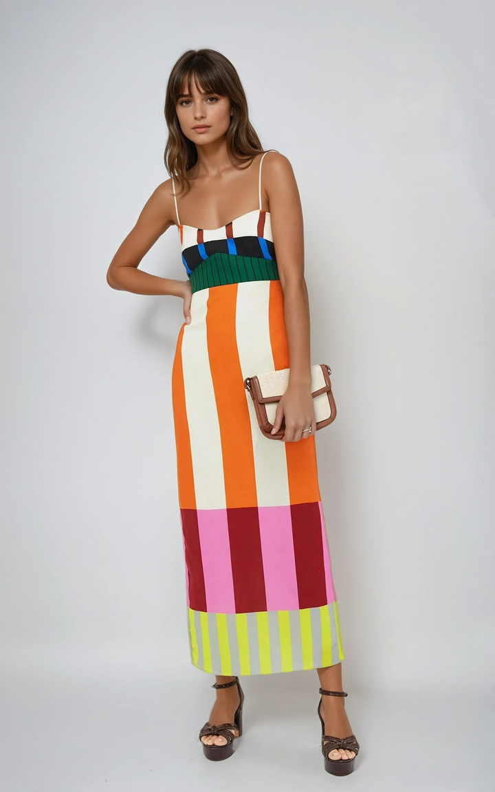 Elegant women's colourblock stripe bodycon midi dress. Perfect sleeveless statement piece for evening wear.