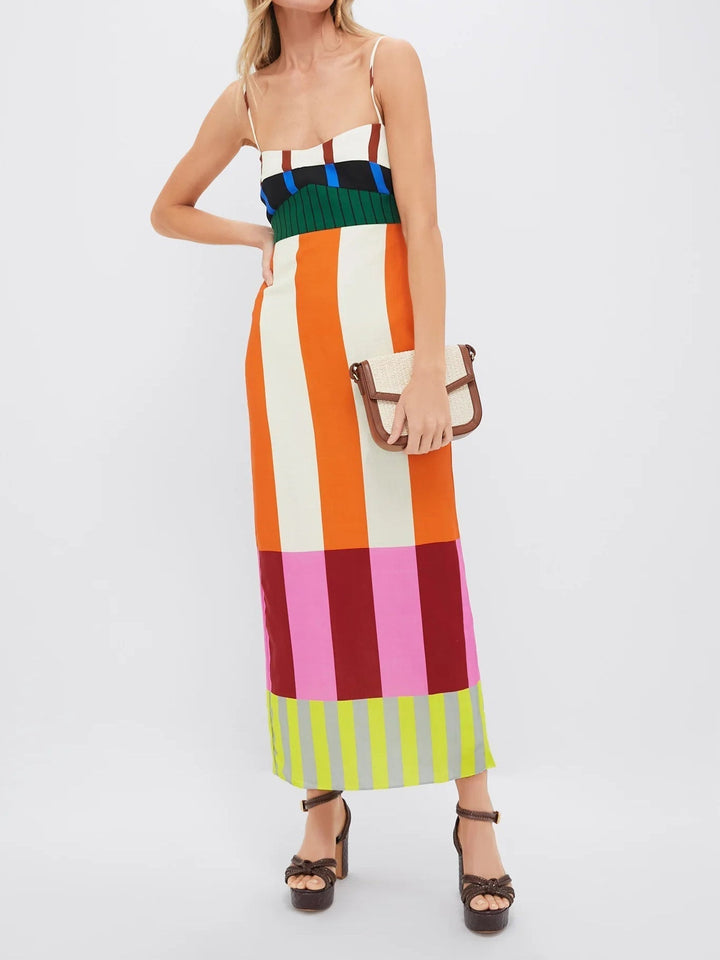 Stylish women's sleeveless stripe midi dress. Bodycon fit with spaghetti straps, ideal for summer statement style.