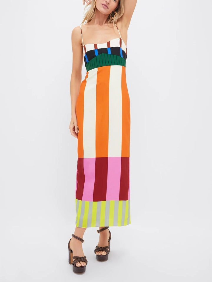 Chic women's bold stripe bodycon midi dress. Sleeveless statement design with a flattering silhouette.