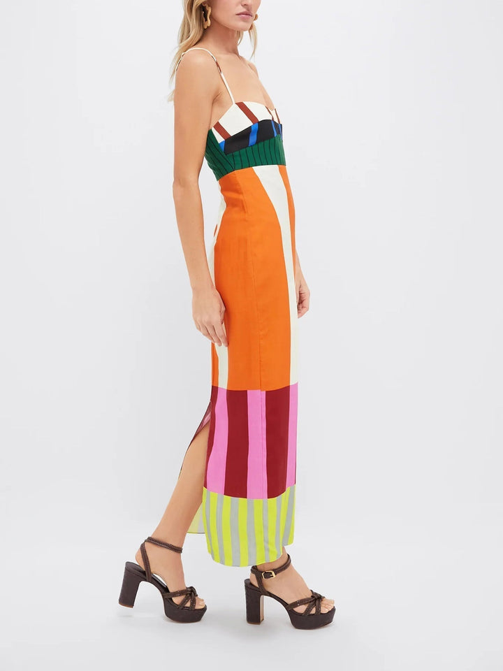 Women's sleek bodycon midi dress with bold stripes. Spaghetti strap sleeveless design for a modern statement.