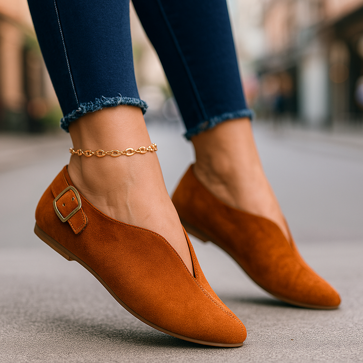 Stylish women's buckle loafers. Comfortable slip-on flats, ideal for chic daily wear or spring fashion.