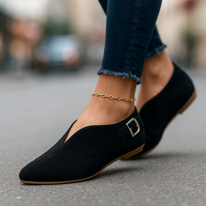 Elegant women's fashion loafers with a chic buckle. Comfortable slip-on shoes for casual or office daily wear.