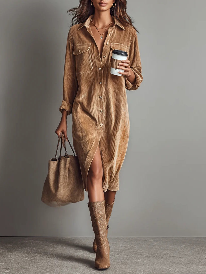 Women's chic button-down long sleeve shirt dress, a versatile midi perfect for fall & winter casual style.