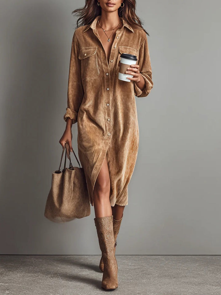 Women's chic button-down long sleeve shirt dress, a versatile midi perfect for fall & winter casual style.
