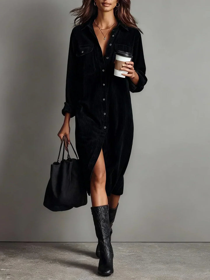 Stylish long sleeve button-down shirt dress for women, a comfortable casual midi ideal for fall fashion.