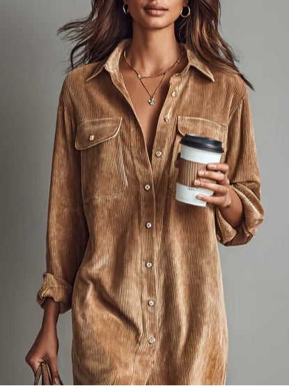 Chic women's long sleeve shirt dress featuring a full button-down closure & practical dual pockets.