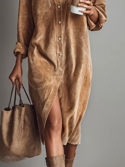 Fall fashion women's midi shirt dress, long sleeve button-down design, perfect for winter casual elegance.
