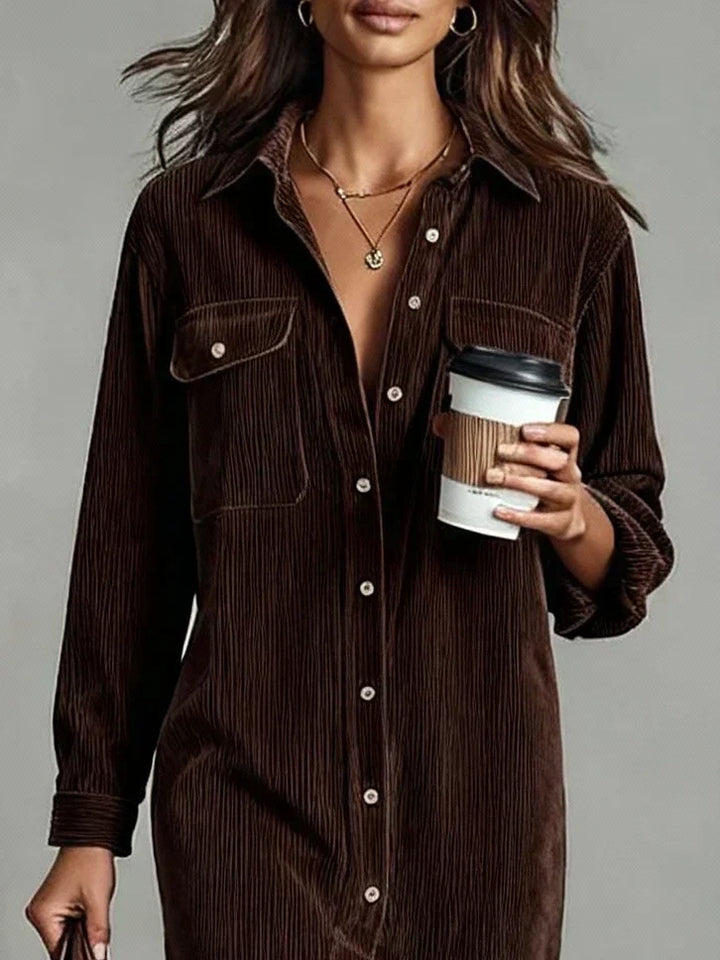 Versatile women's long sleeve button-down midi shirt dress, ideal for everyday chic & relaxed fit style.