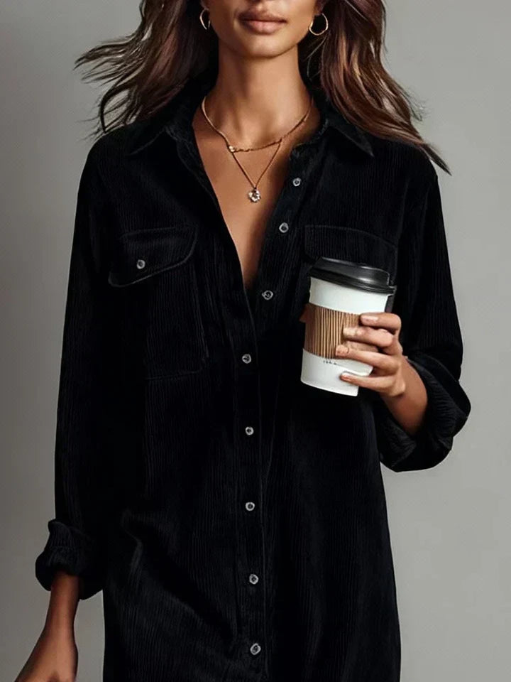 Model wearing a relaxed fit long sleeve button-down midi shirt dress for women, perfect for casual everyday wear.