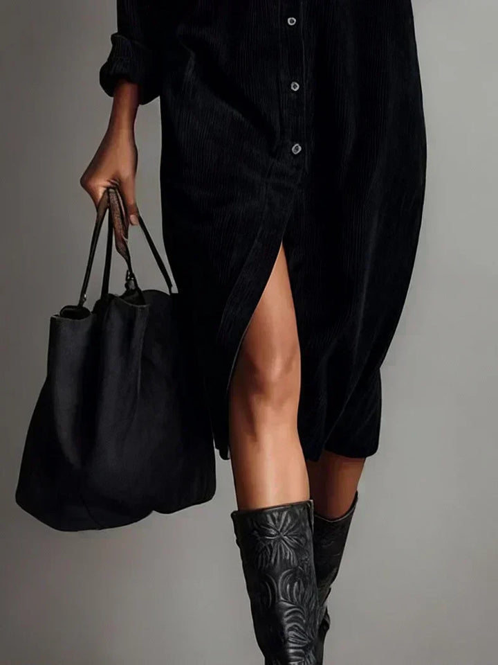 Back view of a women's chic long sleeve button-down shirt dress, a versatile midi for fall & winter style.
