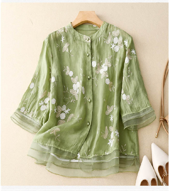 Women's chic floral blouse, elegant button patchwork top with long sleeves, versatile for office or casual wear.