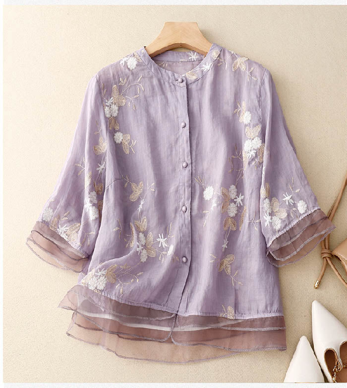 Chic women's floral office blouse, elegant long-sleeve button patchwork top, perfect for casual or work.