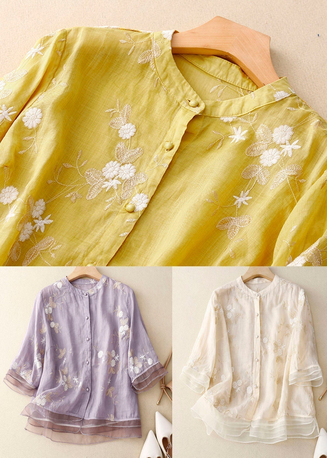 Women's elegant floral long-sleeve blouse, chic button patchwork top, perfect for versatile summer and office wear.