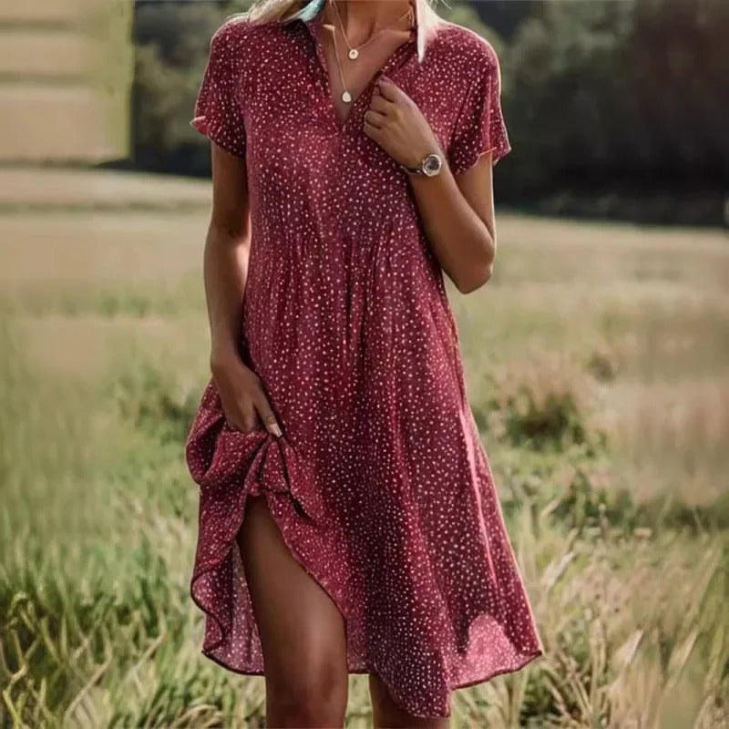 Comfortable women's floral midi dress, a chic short summer style for casual wear and warm weather events.