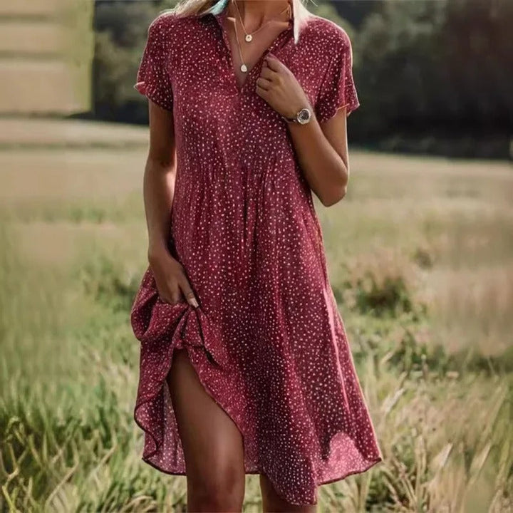 Comfortable women's floral midi dress, a chic short summer style for casual wear and warm weather events.
