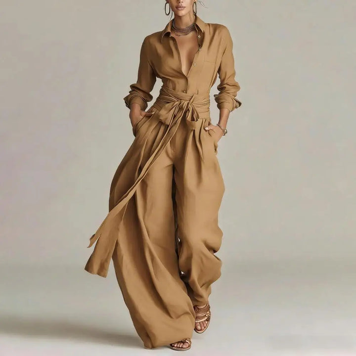 Elegant khaki two-piece matching set for women, featuring a stylish button-down top and comfortable wide-leg trousers.