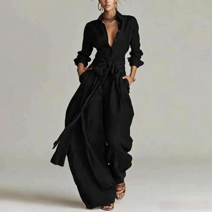 Brown women's two-piece pants set: a sophisticated button-down top paired with fashionable wide-leg trousers, chic.