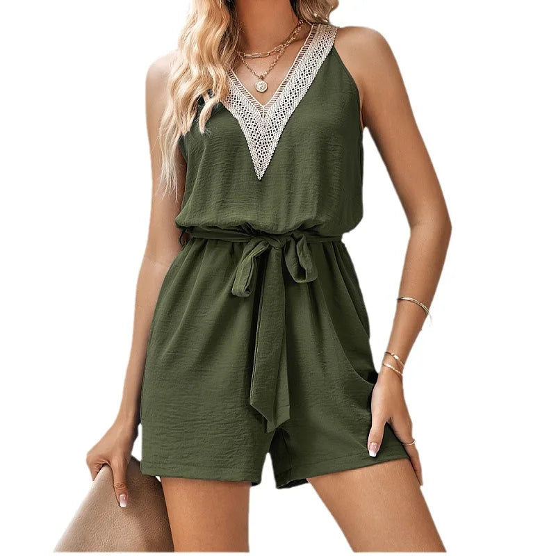 Women's chic lace-trim V-neck sleeveless romper with tie waist, perfect for summer casual elegance.