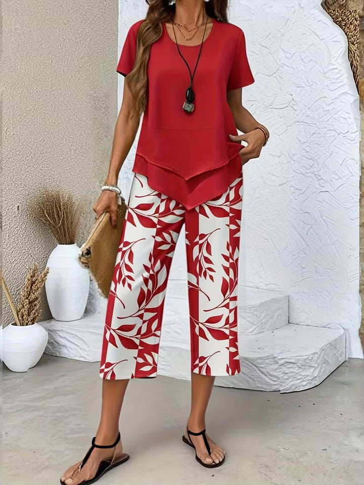 Elegant women's two-piece leaf print summer outfit, a fashionable and comfortable matching set.