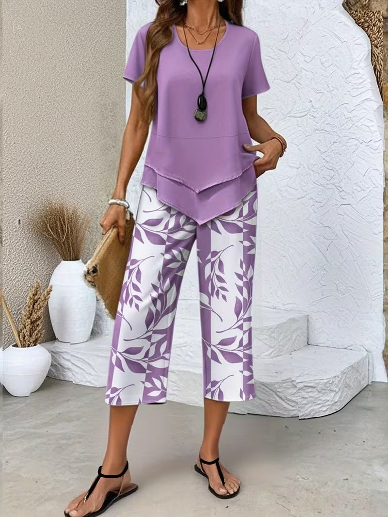 Casual women's leaf print spring outfit set, a chic and relaxed fit two-piece for daily wear.