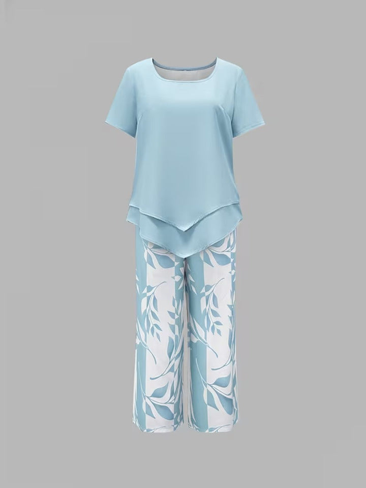 Relaxed fit women's two-piece leaf print set, a botanical inspired outfit for casual spring days.