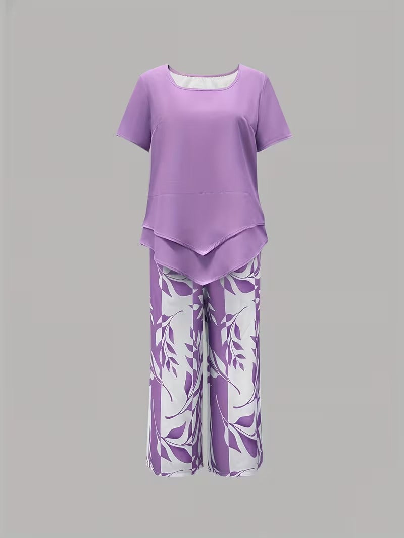 Fashionable women's botanical leaf print matching set, a comfortable and stylish two-piece outfit.