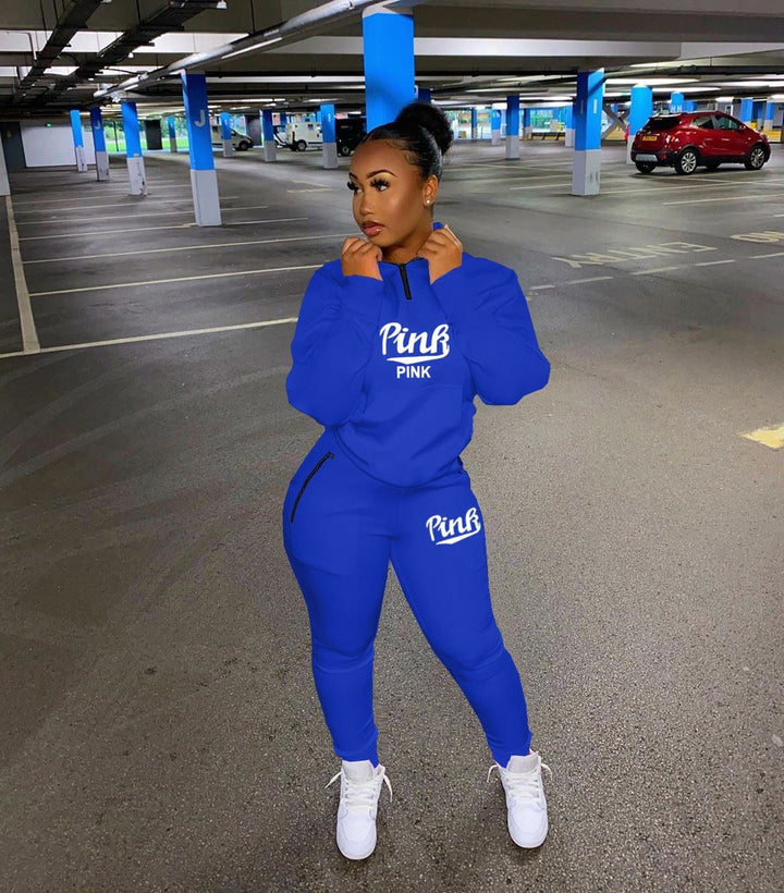 Stylish women's letter print two-piece loungewear. Comfortable jogger set for casual wear or athleisure.