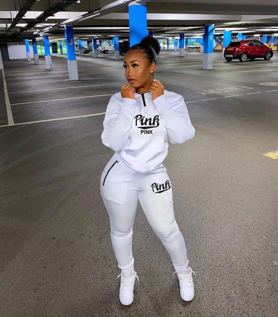 Soft women's letter print loungewear. Two-piece pullover and jogger set for cozy, chic athleisure.