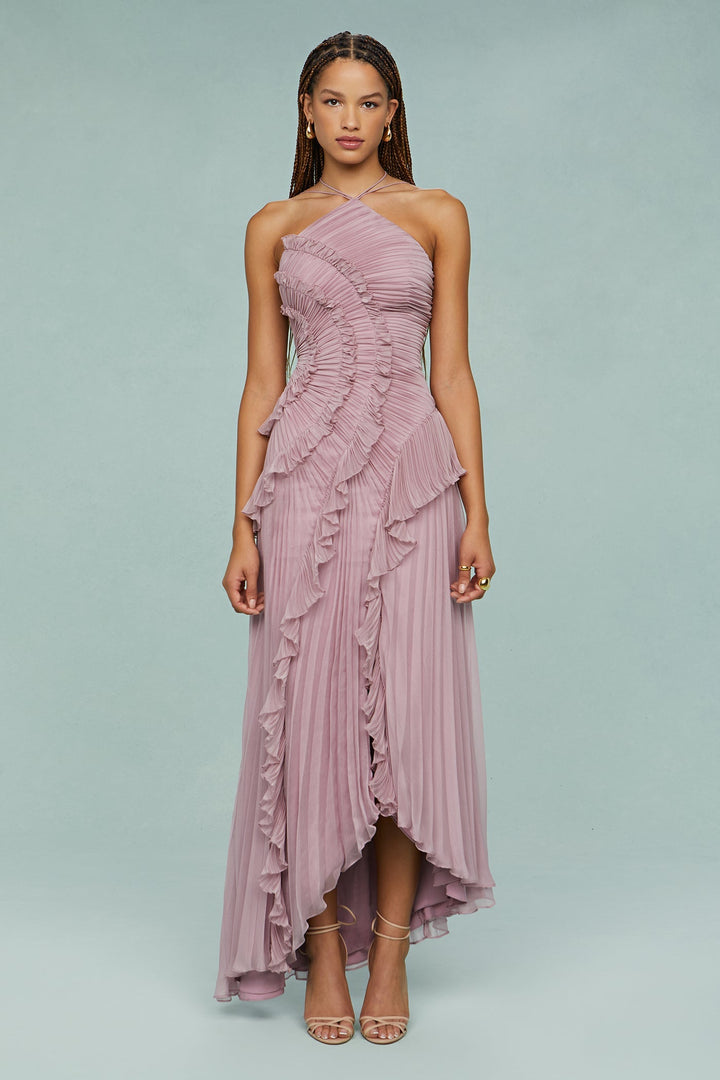 Women's chic mauve ruffle halter maxi dress, perfect for wedding guests & formal occasions.