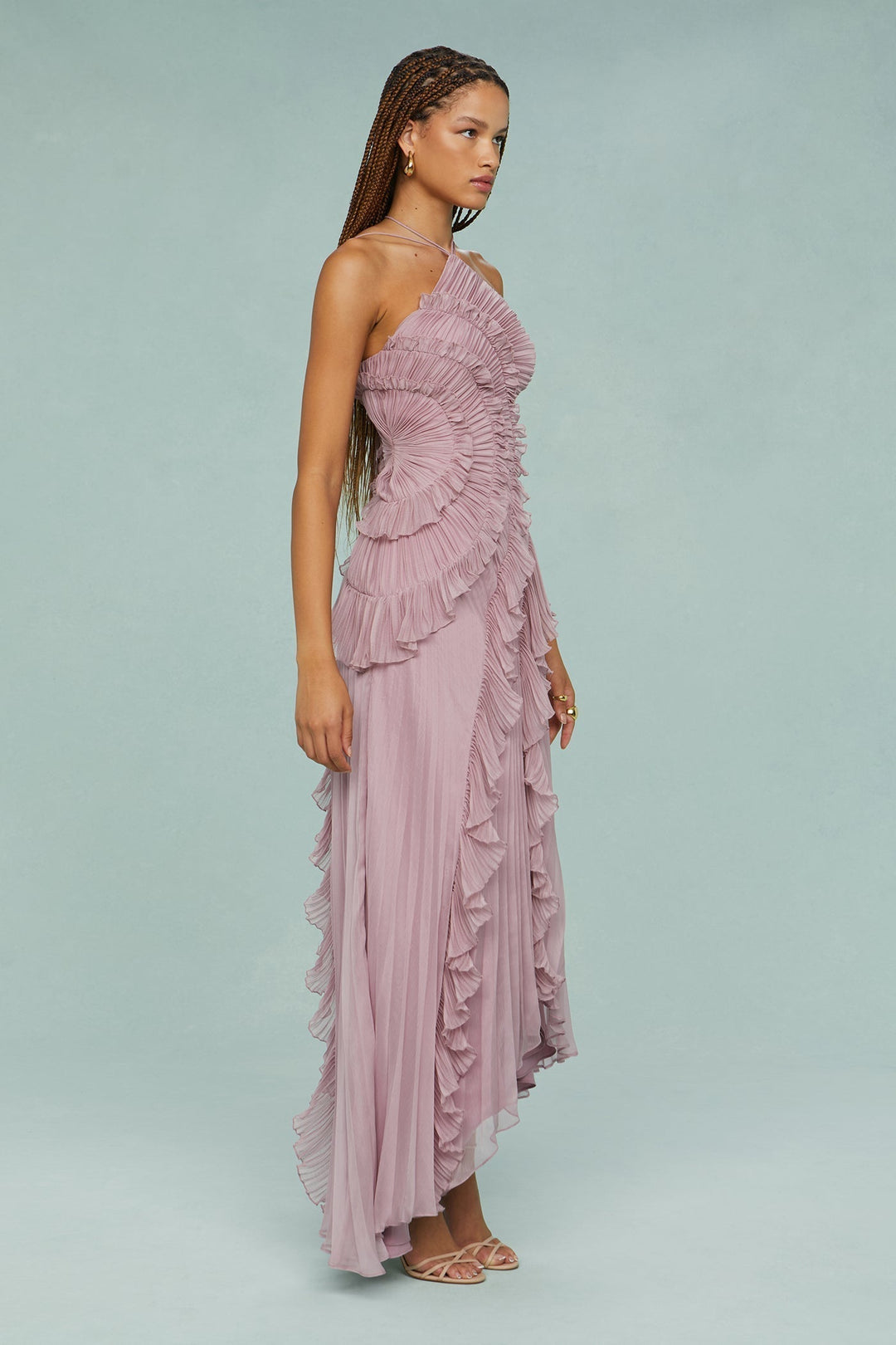 Beautiful mauve halter neck maxi dress with ruffles, an elegant choice for any wedding guest or special occasion.