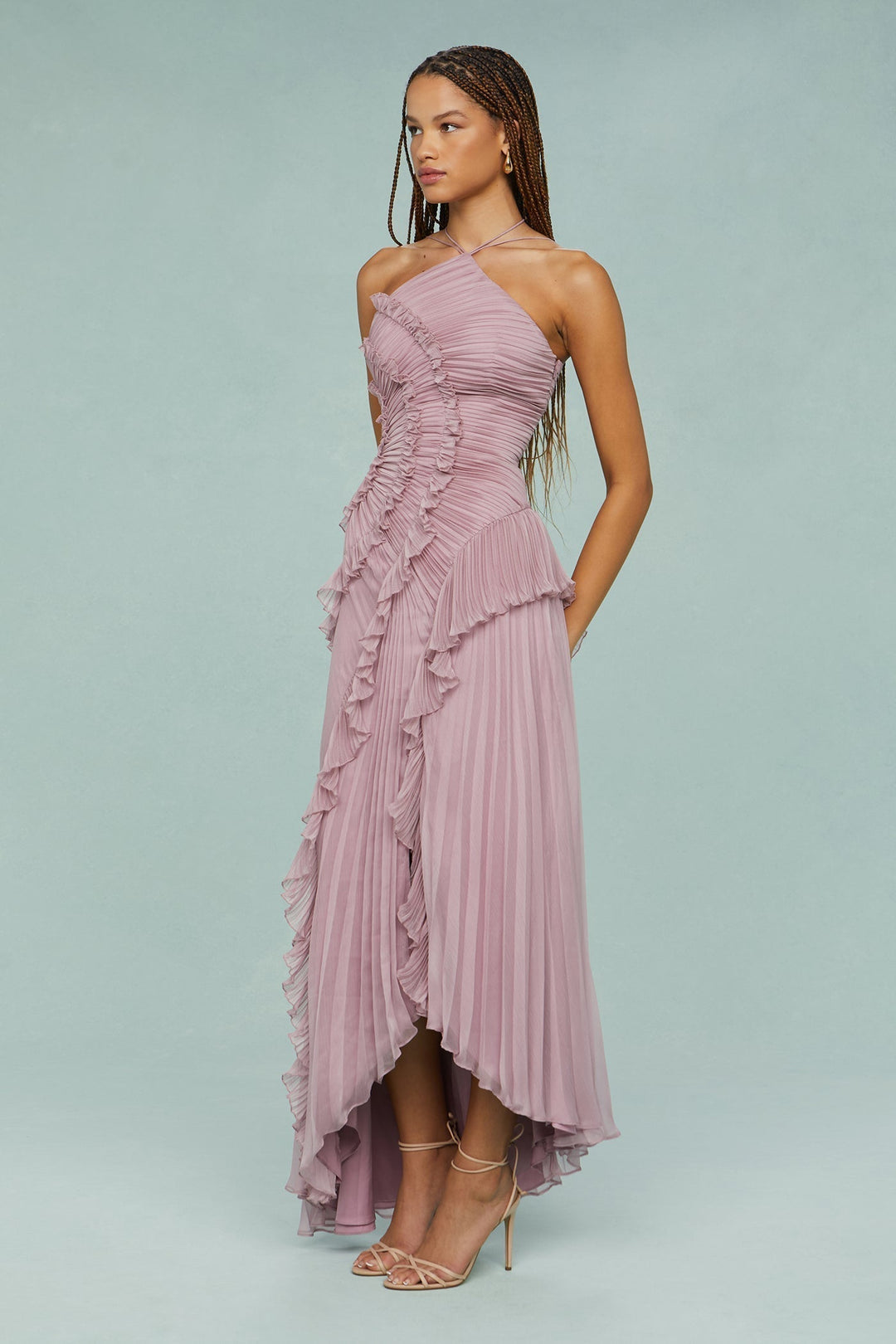 Women's elegant ruffle halter maxi dress in mauve, a formal evening or special occasion outfit.