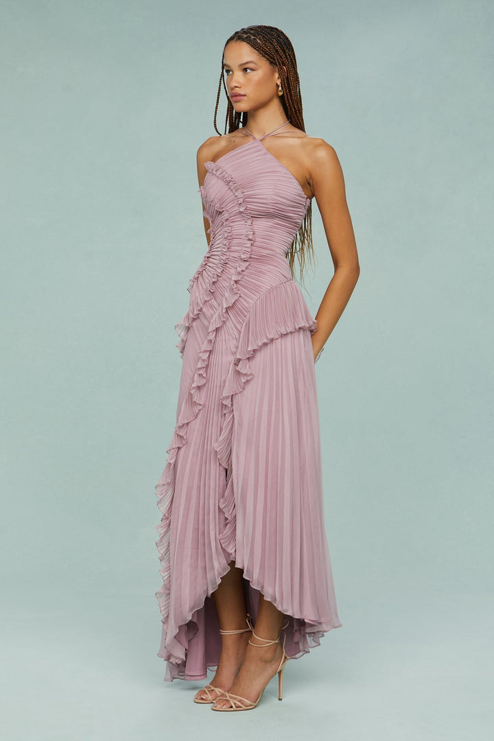 Women's elegant ruffle halter maxi dress in mauve, a formal evening or special occasion outfit.