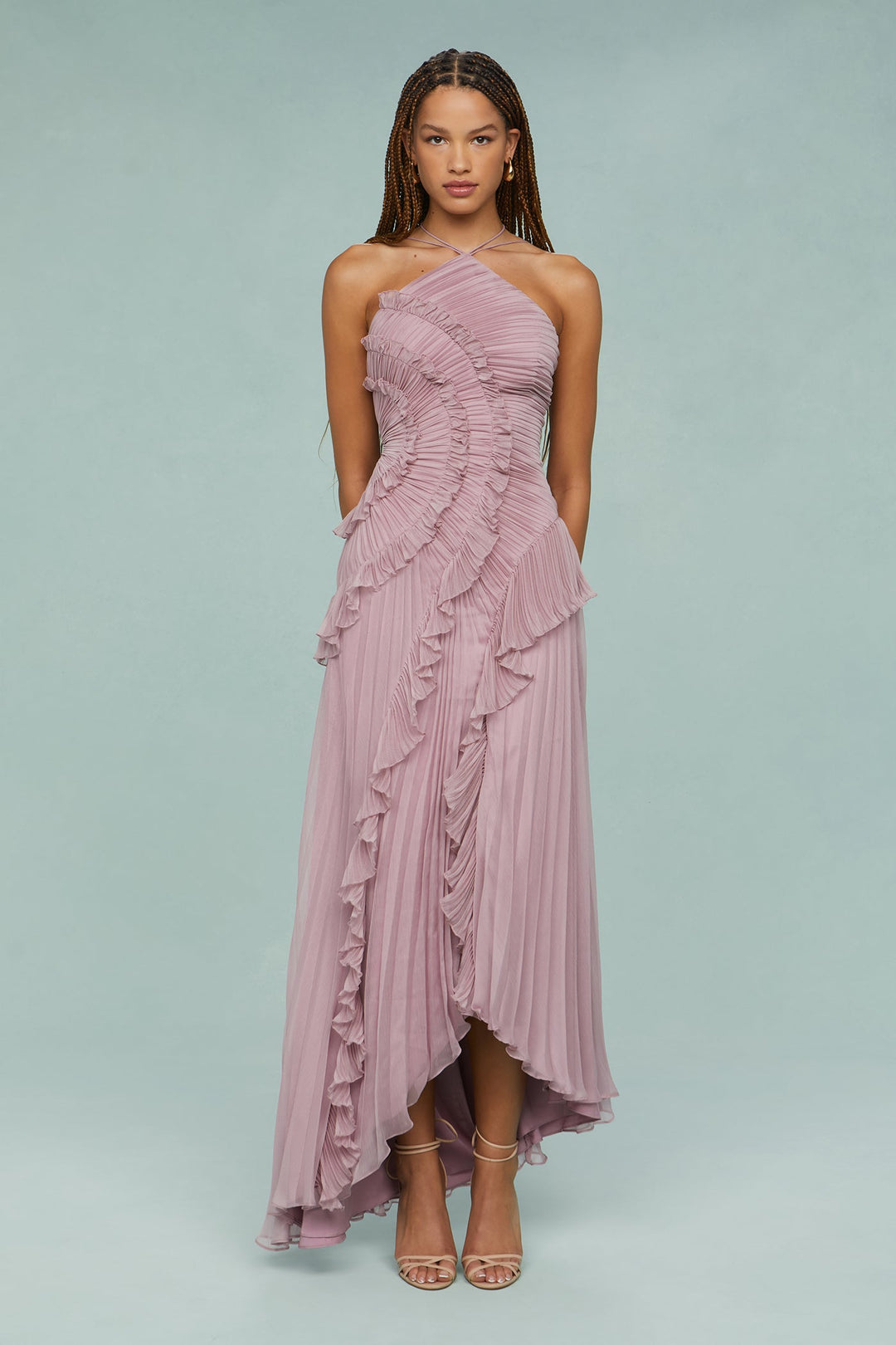 Mauve pleated maxi dress, women's chic ruffle halter neck design, suitable for formal occasions & parties.