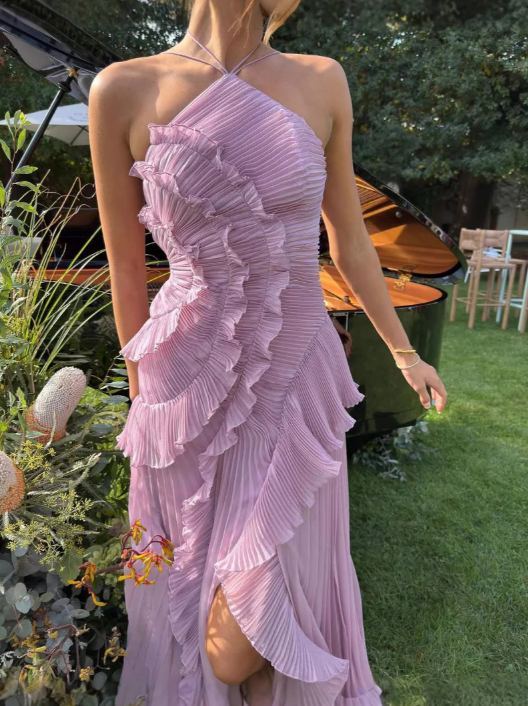 Elegant women's mauve ruffle halter maxi wedding guest dress, perfect for any special occasion.