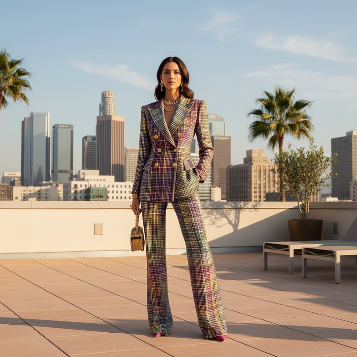 Women's chic multicolour plaid blazer & wide leg pant set. Tailored two-piece suit for sophisticated office wear.