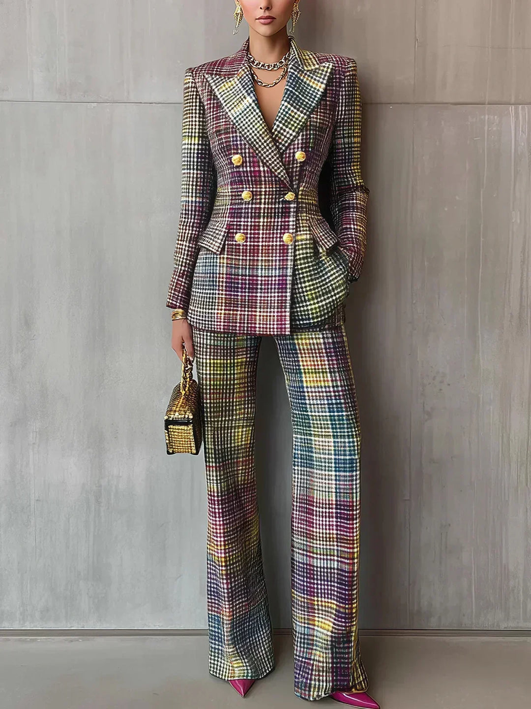 Elegant women's multicolour plaid matching set. Fashion-forward blazer and wide leg trousers, perfect for events.