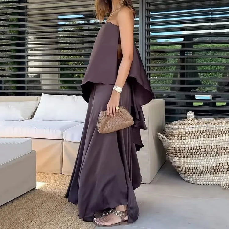 Women's versatile off-shoulder top and matching maxi skirt. A trendy two-piece clothing set for any occasion.