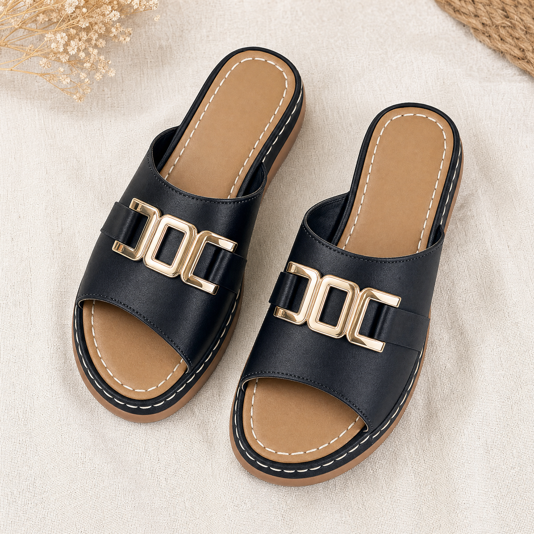 Comfortable ladies' orthopedic wedge sandals with adjustable strap for arch & posture support.