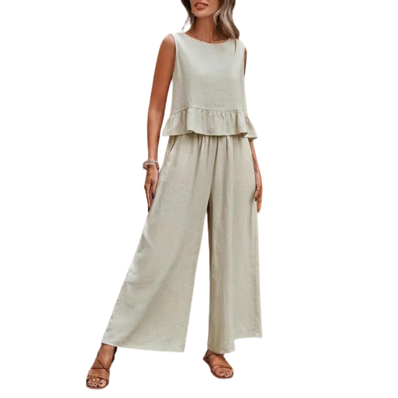 Women's chic ruffle tank top & wide leg pants two-piece set, perfect for casual summer outfits or spring loungewear.