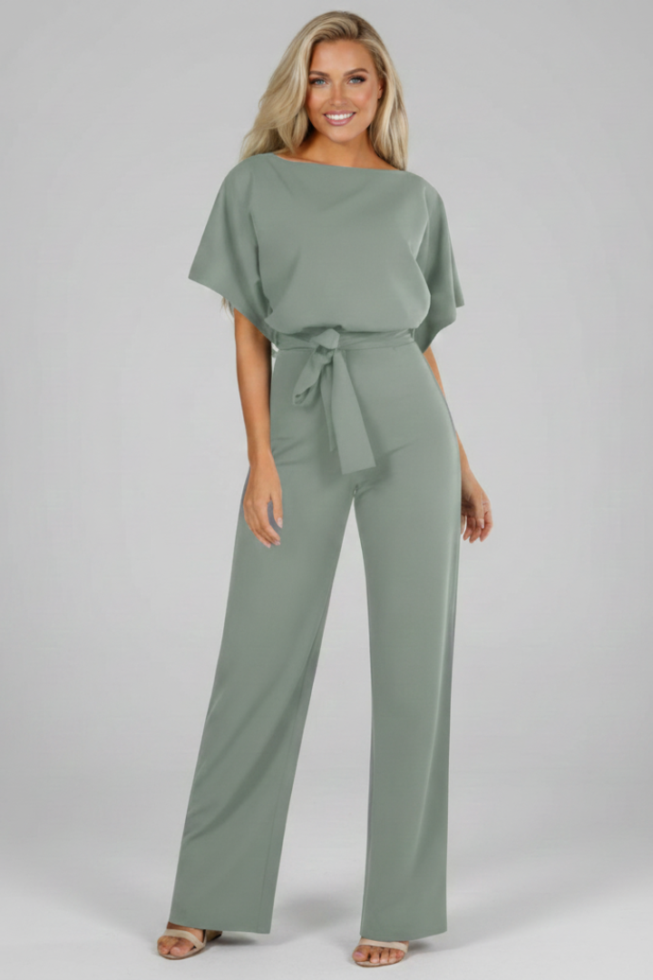 Stylish short sleeve women's jumpsuit with a comfy fit and a flattering waist tie, ideal for versatile everyday wear.
