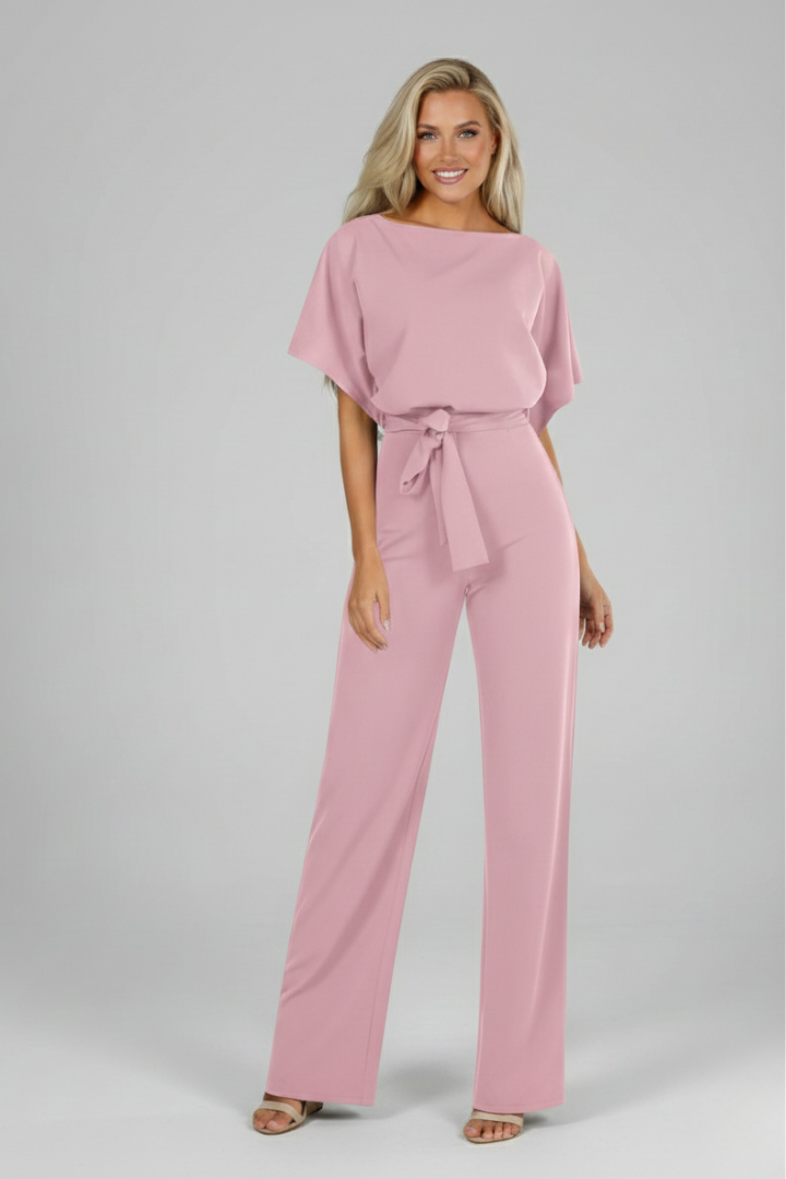 Chic women's modern short sleeve jumpsuit with a flattering waist tie, an elegant one-piece for spring/summer.
